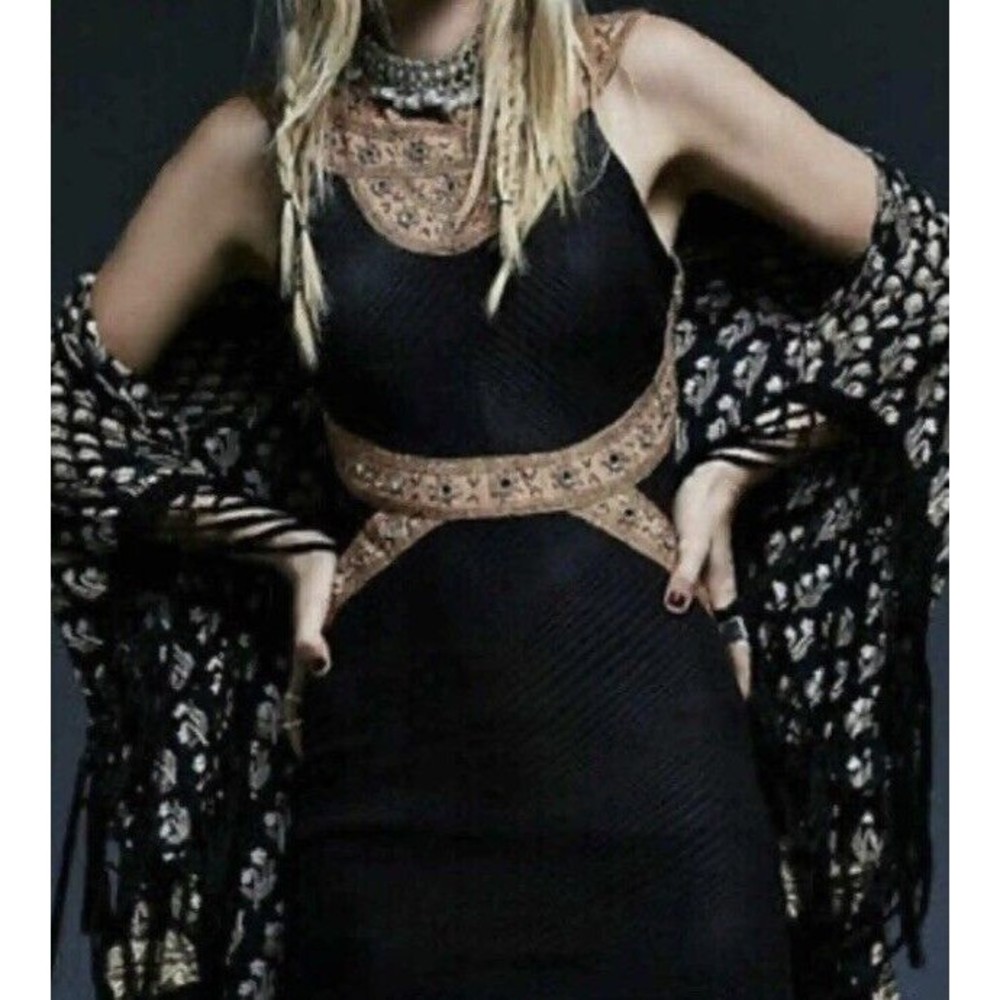 Free People Dress Black Gold Nefertiti Mini Halter Mirror Bodycon XS